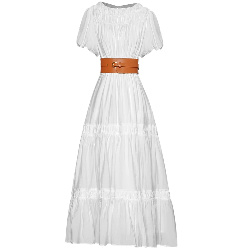 

Long Dress Milan Runway Designer Summer New Women'S High Quality Fashion Party Casual Vintage Elegant Chic Belt White Dresses