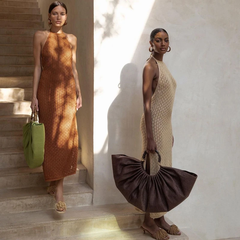 

Tossy Knit Cover Up Beach Dress Women Halter Backless Midi Bodycon Vestidos 2021 Summer Hollow Out Sexy Slim Vacation Outfits