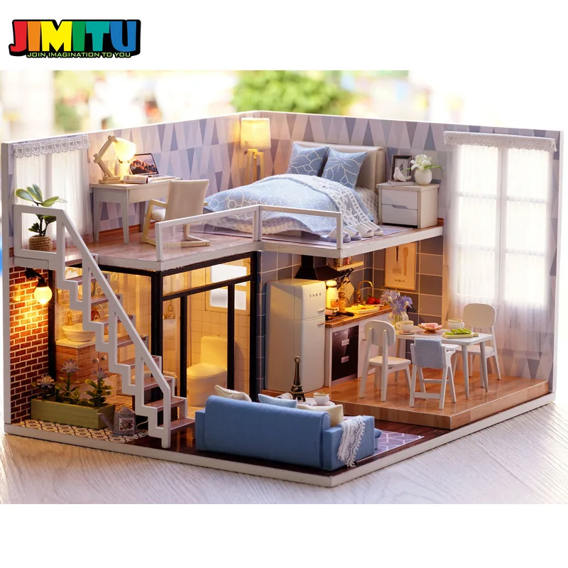 JIMITU CuteRoom Blue Time Кукольный дом DIY Миниатюрный с мебелью музыкальная световая крышка