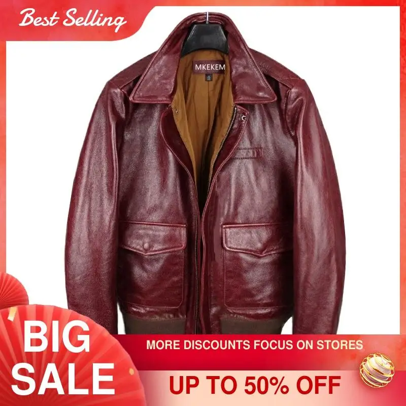 

2021 Red Wine Military Style A2 Pilot Leather Jacket Large Size 4XL Genuine Natural Cowhide Autumn USAF Aviation Coat