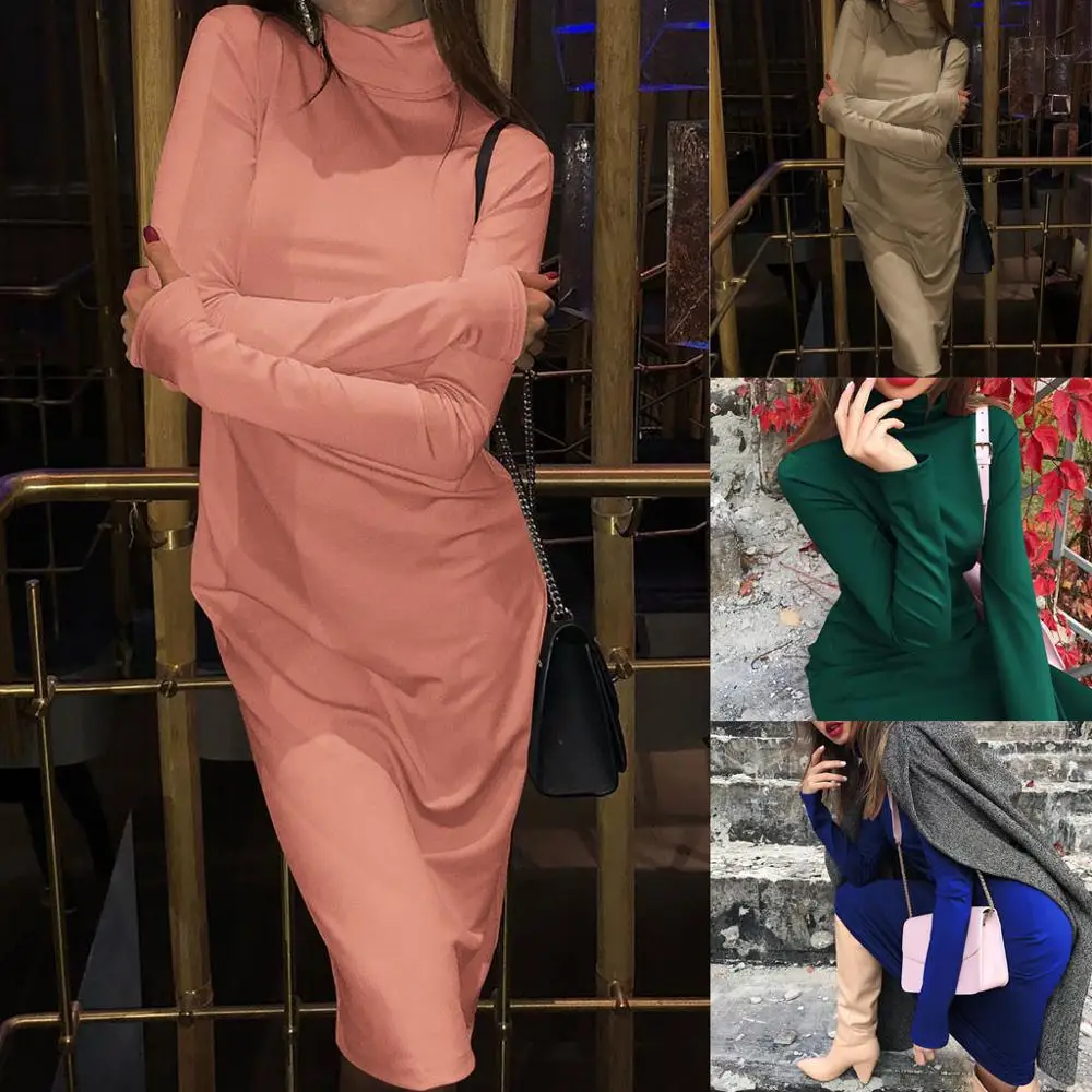 Зимние женские платья большого размера с длинным рукавом и высоким воротником