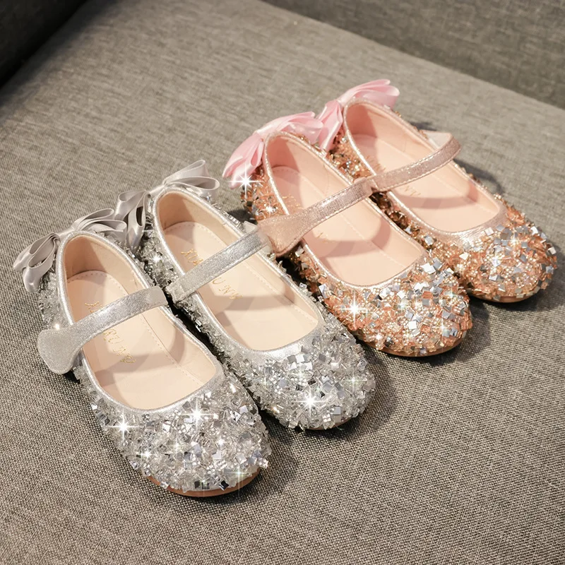 

2021 Girls Princess Shoes New Kids Comfortable Soft-soled Children's Single Shoes Casual Glitter Sandals Knot Performance Shoes