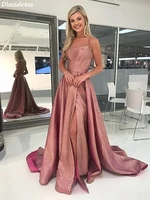 2020 new prom dress satin simple split a line sleeveless spaghetti strap sweep train dusty pink evening dress robe de soiree