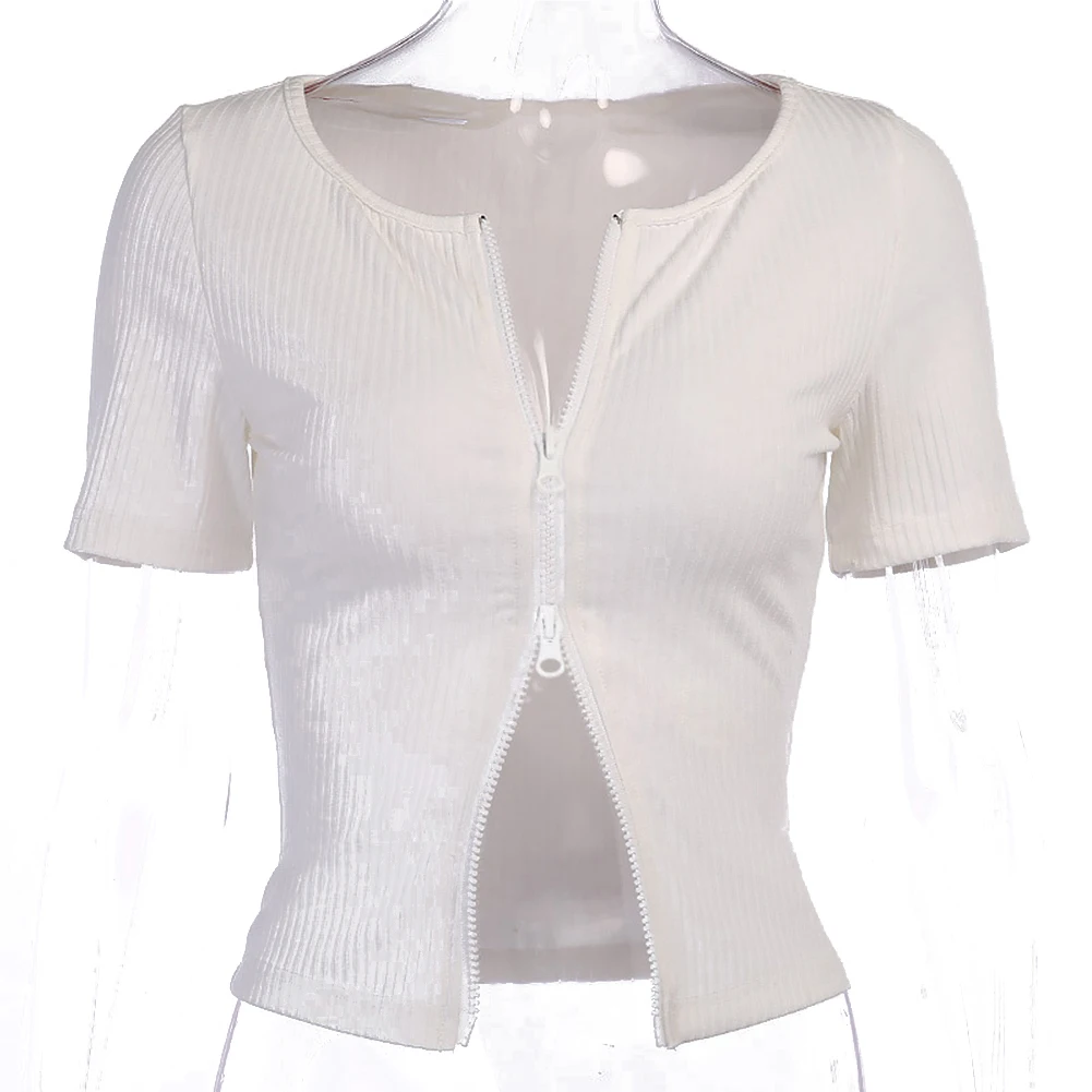 

Women Sexy Cardigan Knitted Short Sweater Summer Zipper Fitted Ribbed Short Sleeve Tops Stretch Skinny Crop Tops