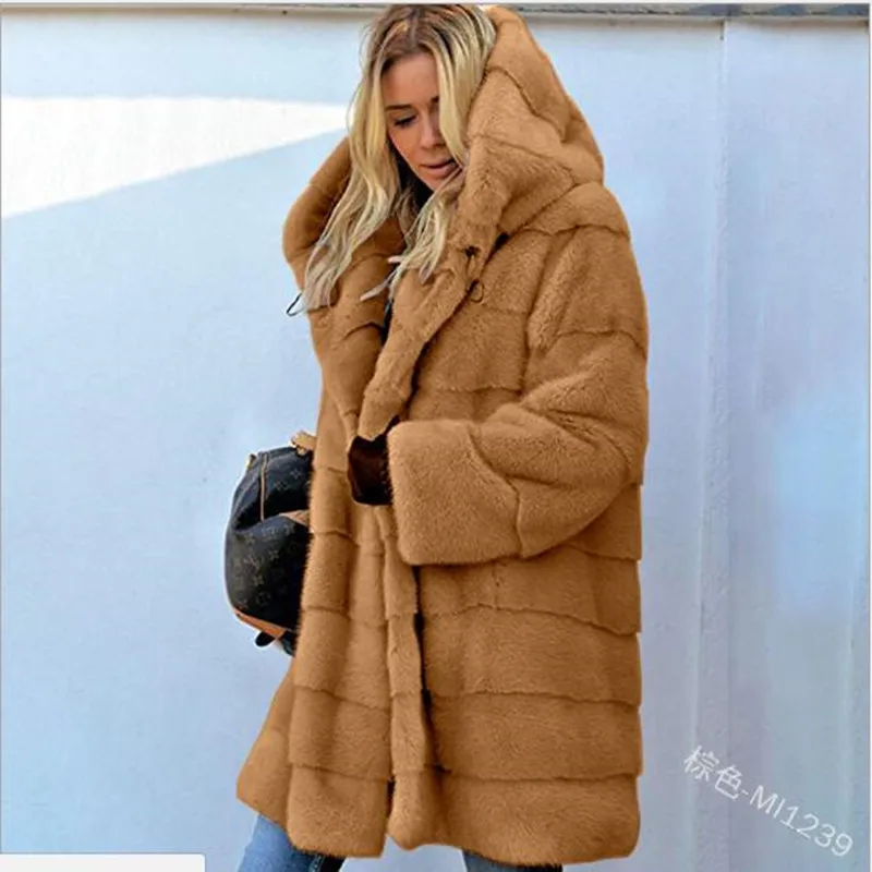 Winter Jacket High-end Imitation fur Coat Women Plush Fur Warm Jacket Female Imitation Mink Thick Long Hooded plus size 5XL Coat - Цвет: CAMEL