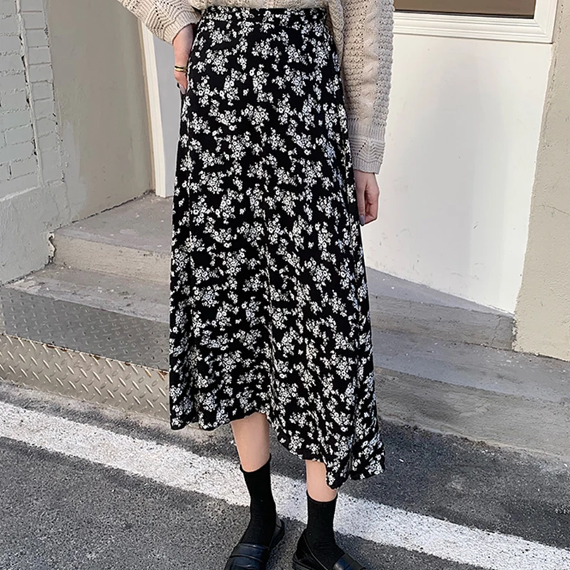 

High Waist Mid-length Floral Skirt Woman's Korea Retro Fashion A-line Skirt Women Simplicity Printing Elastic Waist Skirts Woman
