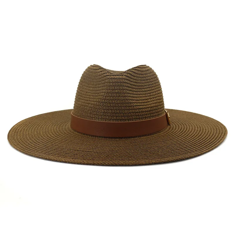 

straw hats women men summer big brim 15cm sun hats belt buckle outdoor beach travel sun protective summer women khaki sun hats