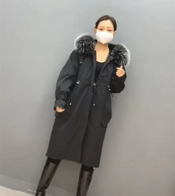 

ZiZhen Parka Black Long Overcoat Detachable Rabbit Fur Liner Raccoon Fur Trim Hood Thick Warm Woman Zipper Fur Coat 20200622-3