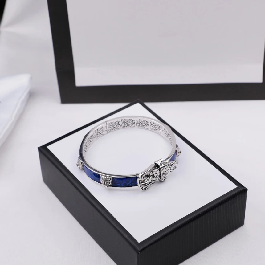 

925 sterling silver classic G logo blue enamel, with tiger head and delicately carved buckle bracelet