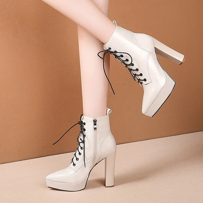 

New Brand Women Ankle Boots 2021 Autumn Winter Warm Genuine Leather High Heels Platform Black Beige Dress Party Riding Boots 40