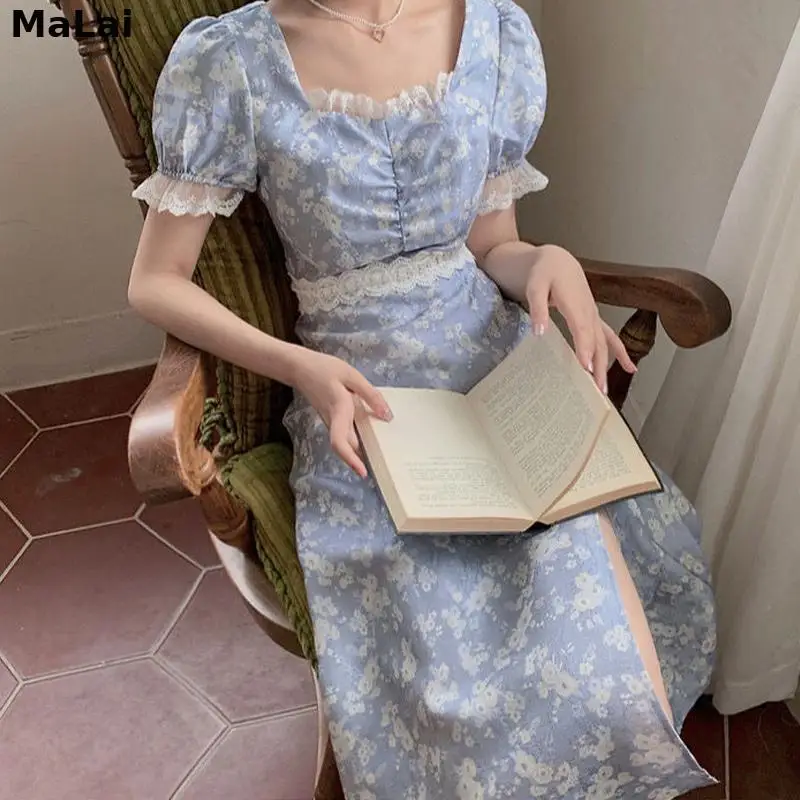 

French Floral Design Vintage Midi Dresses Women Short Sleeve Sweet Elegant Dress Korean 2021 Summer Chic Females One Piece Dress