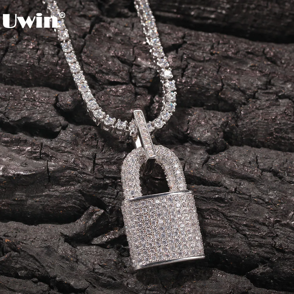 

Uwin Full Cubic Zirconia Lock Pendant Necklaces Gold Silver Color Charms Necklace AAA Iced Out CZ Stone HipHop Jewelry