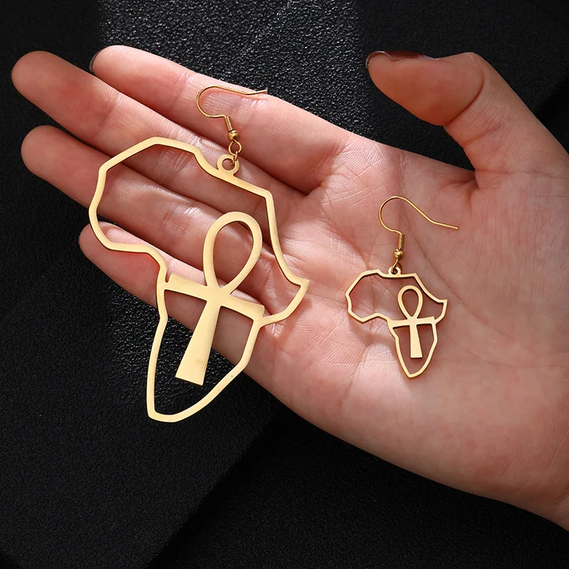 

Stainless Steel Africa Map with Egyptian Ankh Cross Pendientes Earrings For Women Vintage Jewelry Wholesale