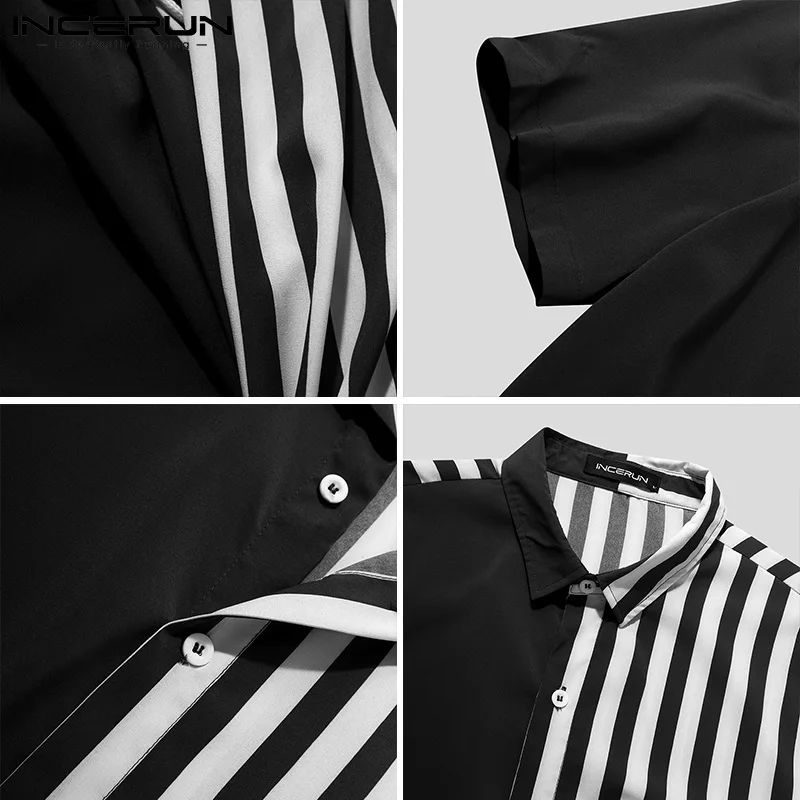 

Men Rompers Striped Patchwork Lapel Short Sleeve Jumpsuits Shorts Pockets Streetwear Fashion Leisure Men Overalls S-5XL INCERUN