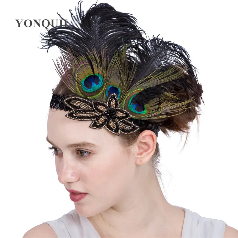 

Женский ободок для волос с перьями павлина, элегантный аксессуар для волос с Черными Блестками