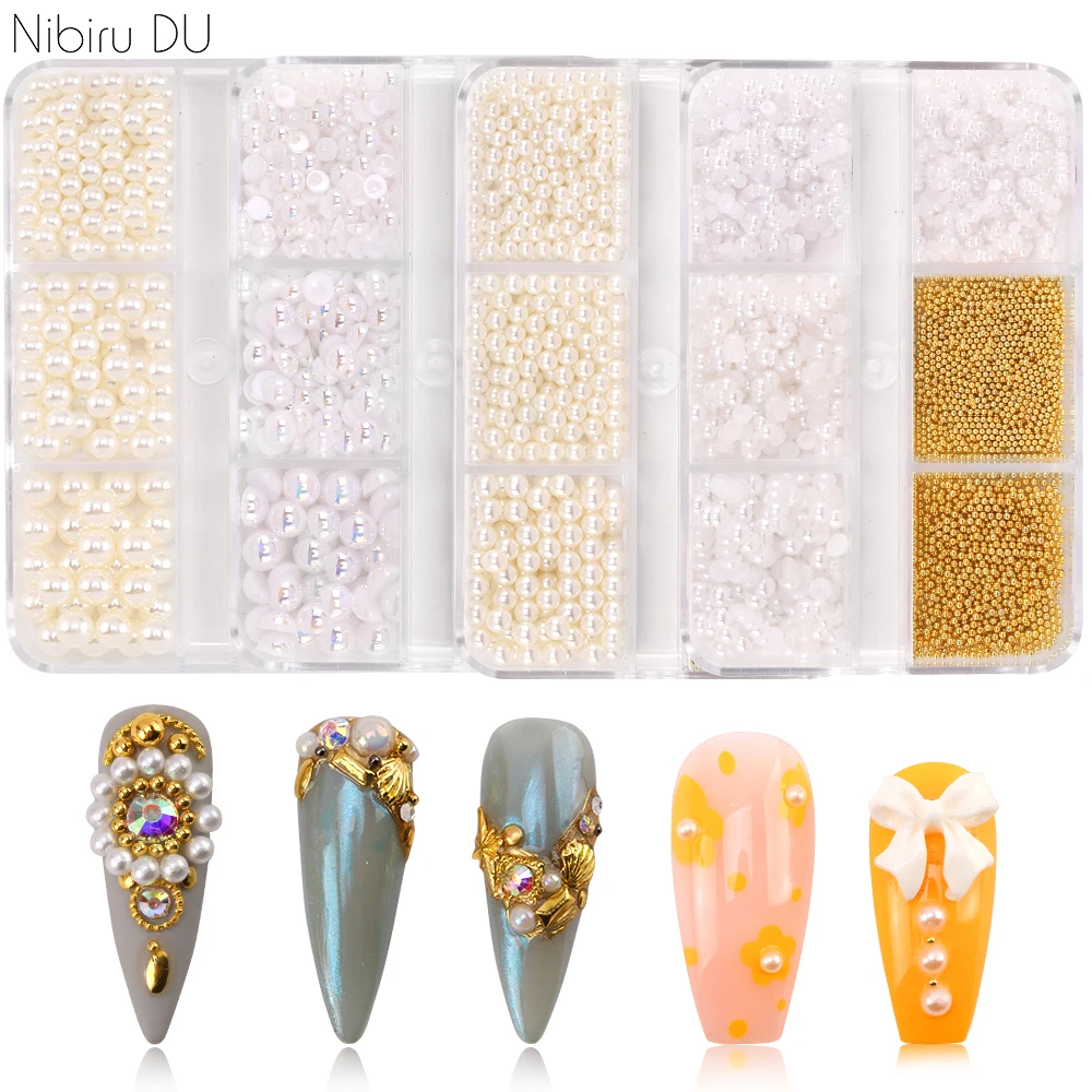 6Grid/Box Nail Decorations Beige White Pearl Mini Small Stainless Steel Beads Gold Caviar Parts Nail Art Accessories Supplies