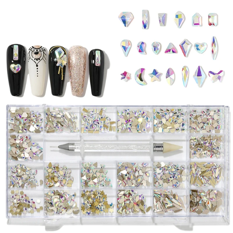 

21 Grids Glass Nail Art Decoration Kit Multi Shapes with Dual-ended Dotting Pen Set for DIY Nails Supplies Accessories