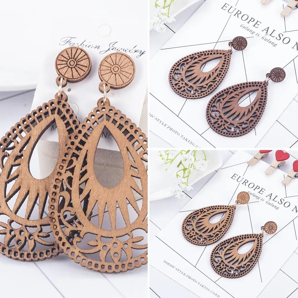 

Earrings Log Color Retro Fashion Simple Hollow Wooden Drop-Shaped Earrings Temperament Wood Jewelry Earrings