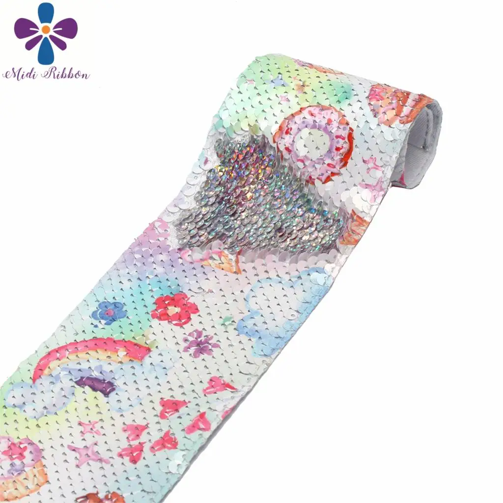 

3"75mm Cartoon Series Flower Cloud Printed Double Reversible Hologram Silver Sequin Ribbon Flower DIY Hair Bowknot 46yards