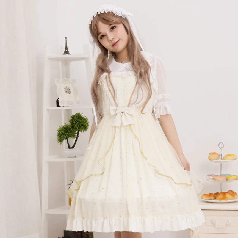 

Princess sweet lolita dress vintage patchwork lace bowknot starry sky printing victorian dress kawaii girl gothic lolita jsk cos