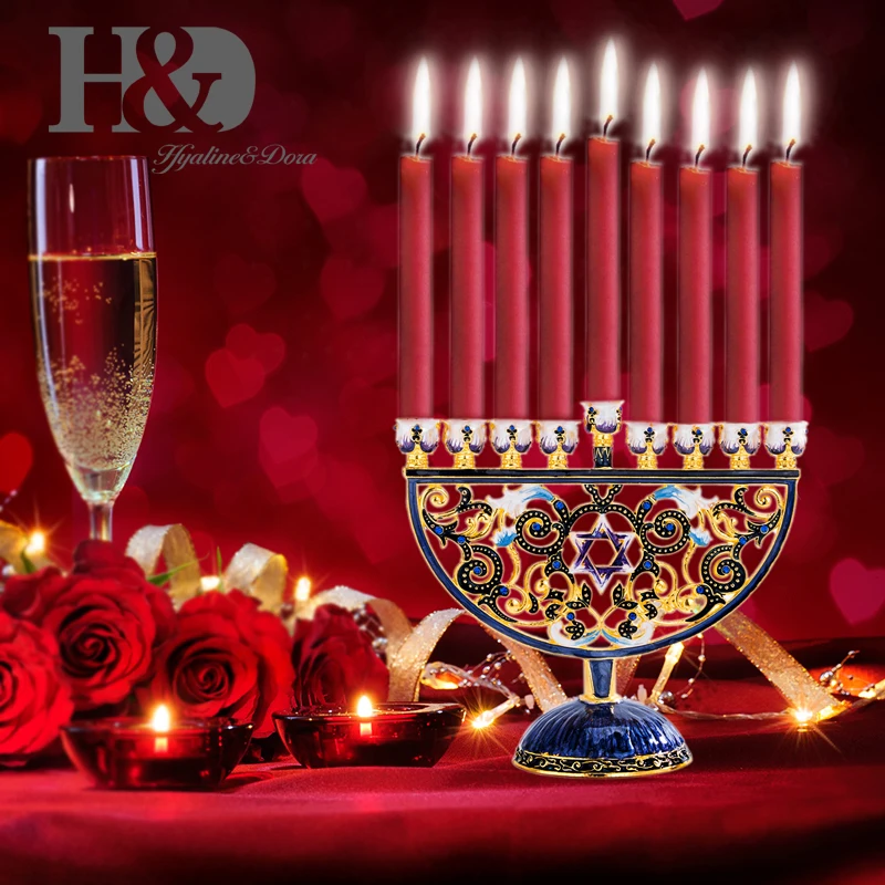 Цветочный эмалированный подсвечник H & D ручной росписи hanukka Menorah 9 ветвей