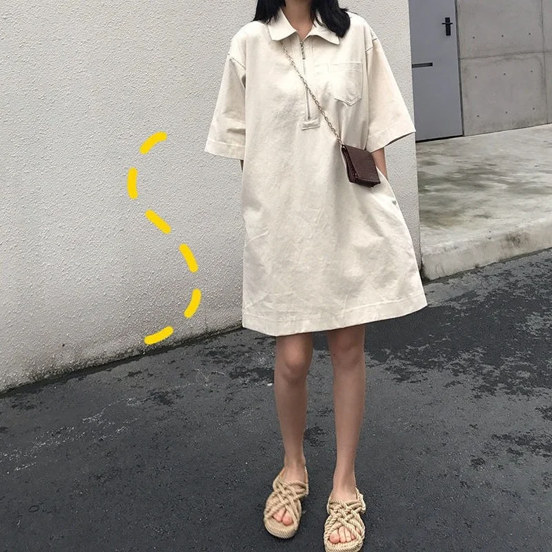 

Short Sleeve Dress Women Office Leisure Fashion Summer Solid Classic Ins Korean Zippers Femme Elegant Breathable Loose All-match
