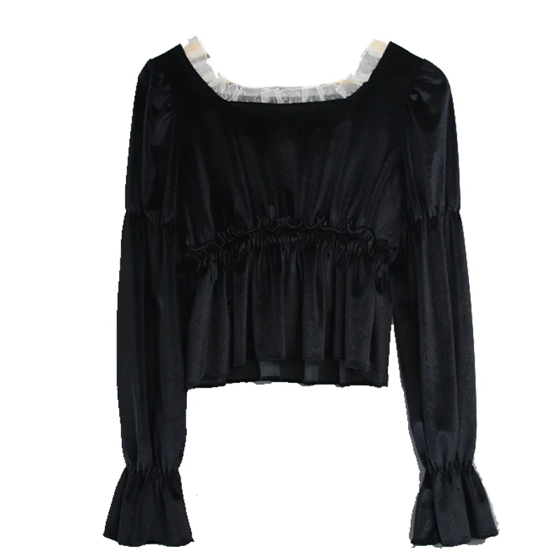 

ZAWAHIKI 2021 Spring Korean Fashion Short Women Blouse Square Collar Lantern Sleeve Ruffles Solid Tops Long Sleeve Elegant Shirt