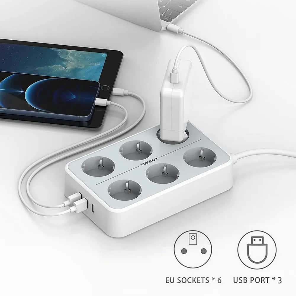 

Розетка-удлинитель TESSAN с 3 USB-портами и 6 розетками