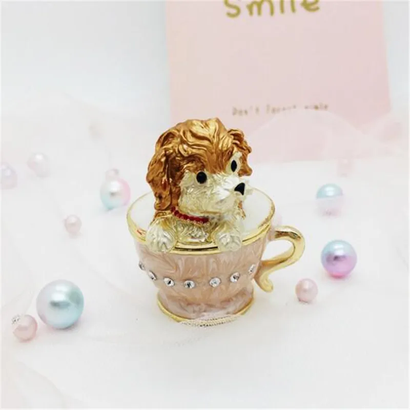 

Cute Pink Cup Dog Enameled Trinket Box Handmade Keepsake Boxes Dog Ring Box Miniature Decoration Gift
