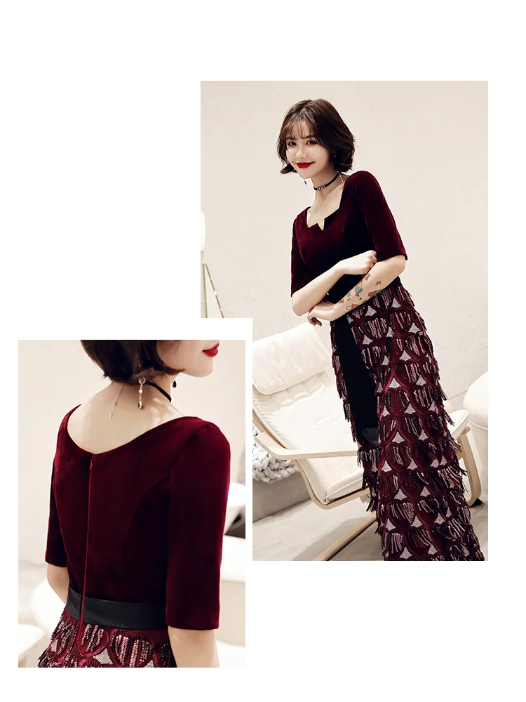 Это Yiya вечернее платье, с вырезом лодочкой полномерная прямая Robe De Soiree кисточки короткий рукав длиной до щиколотки женские вечерние платья E894