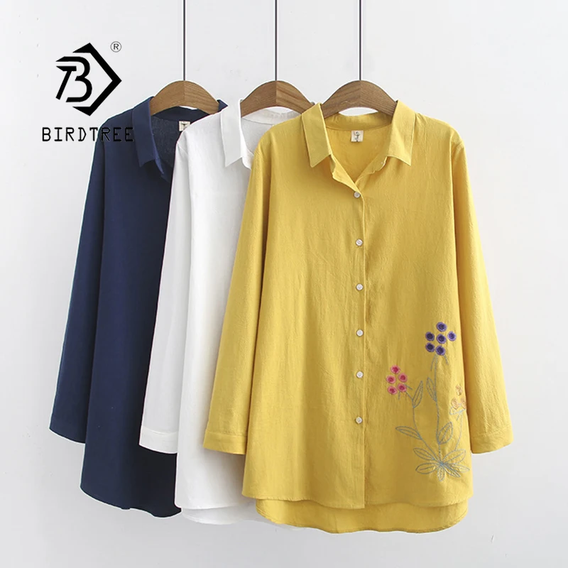 

2020 New Arrival Women Floral Embroidery Cotton White Shirt Long Sleeve Casual Blouse Loose Plus Size 4XL Tops Feminina Blusa T0