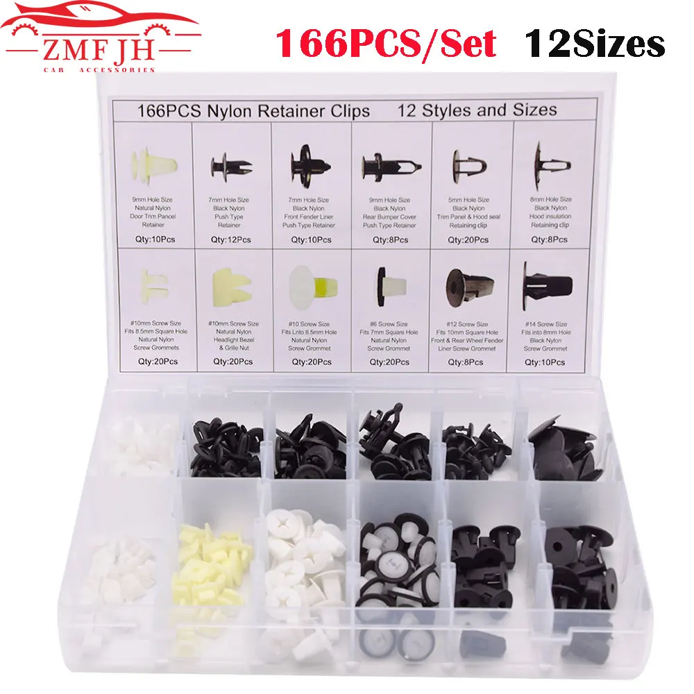 

166PCS 12Sizes Car Fasteners Clips Car Body Repair Tool Push Rivet Retainer Clips Car Accessories Fastener Kit with Plastic Box