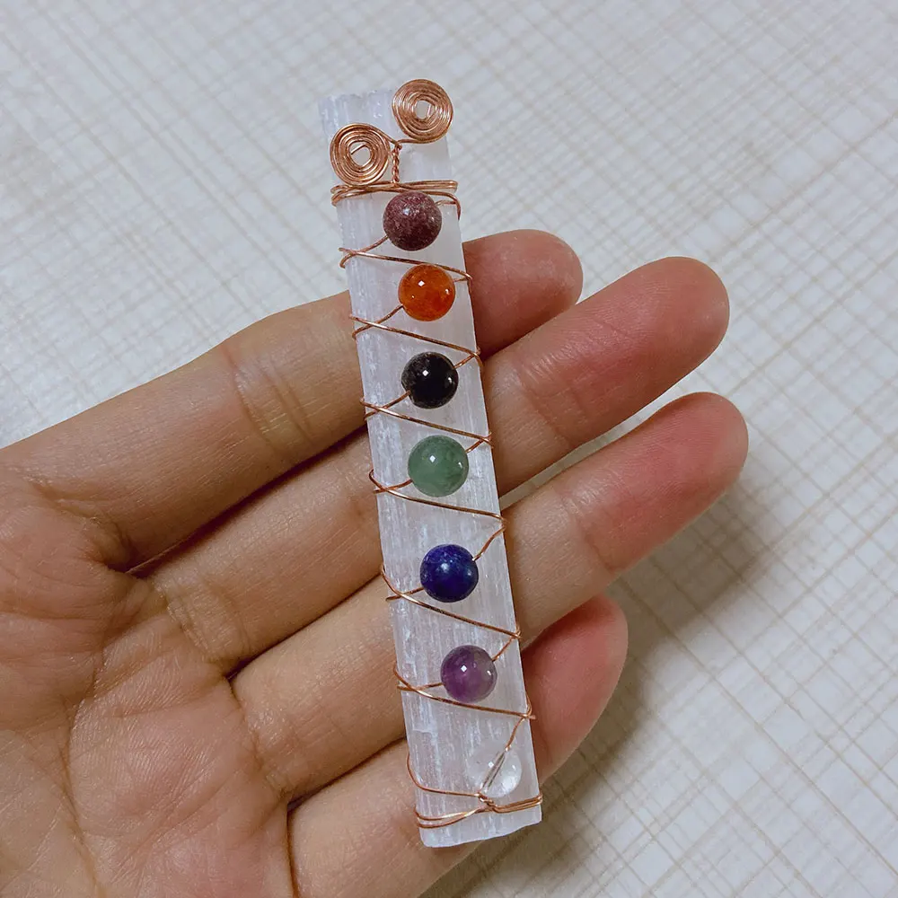 

7 Chakras Natural Selenite Crystal Quartz Stone Ornaments Plaster Wire Wrapped Raw Selenite Stick Wand Yoga Meditation Spiritual