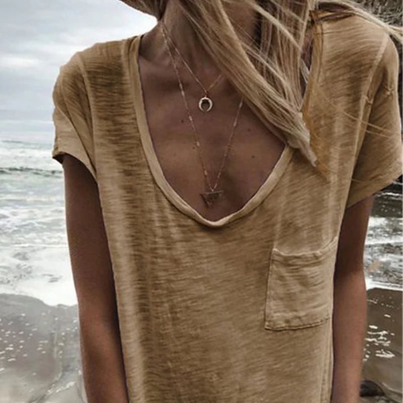 

High Quality T-shirt Women Elastic Basic Plain T Shirt Women With Pocket Short Sleeve Tops Pure Color Cropped Tee