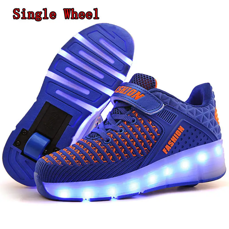 Single-Wheel Blue HYFMWZS Модные светодиодный Heelys обувь из дышащего материала, детское платье из двух спортивная обувь Съемная Детские Тонкие Туфли ролики срок производства тиража: 30-40 - Цвет: Single-Wheel Blue