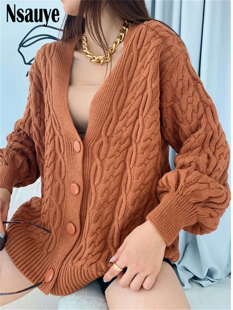 

Зимняя одежда Nsauye, Женский вязаный плотный теплый кардиган с длинным рукавом и V-образным вырезом, модный свитер большого размера, куртка Y2K ...