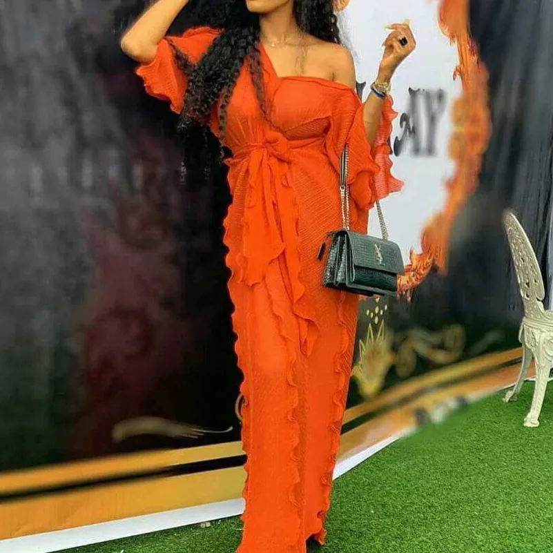 Плиссированное Длинное свободное оранжевое платье женское элегантное Туника