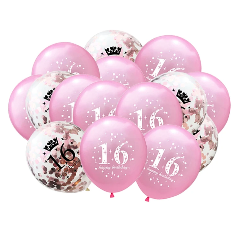 K&J 15 шт. 12" Сладкий 16 Надутые латексные шарики Розовое золото Конфетти Комплект для девочки 16-летнего Дня рождения Праздничные украшения.