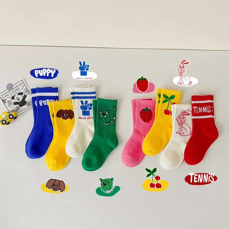 

4Pairs/Lot 3-12 years Children Socks Red Strawberry Fruit Pattern Embroidery Kids Tube Socks Breathable Cotton Girls Sport Socks