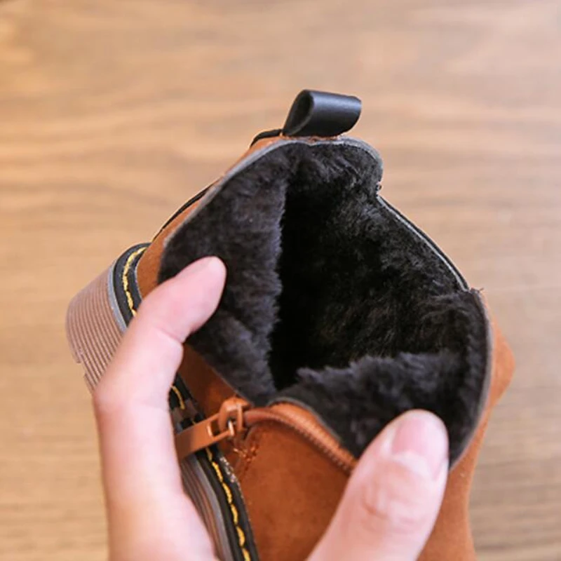 Зимние Детские кожаные ботинки теплые шерстяные короткие водонепроницаемые для