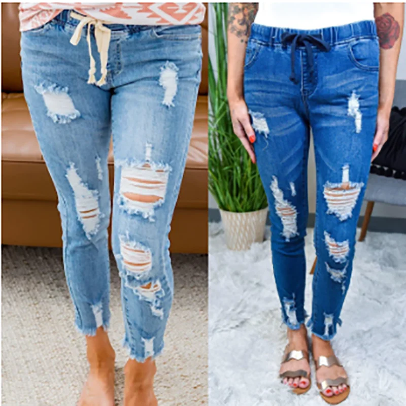 

Шнурок джинсы для Для женщин рваные стрейч джинсовые женские размера плюс полной длины брюки-карандаш
