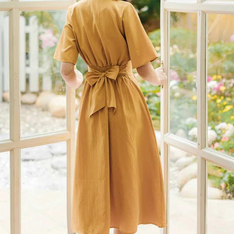 

French Chic Autumn Vintage Dress Maxi V-neck High Waist Short Flare Sleeve Elegant Mid-length Vestidos