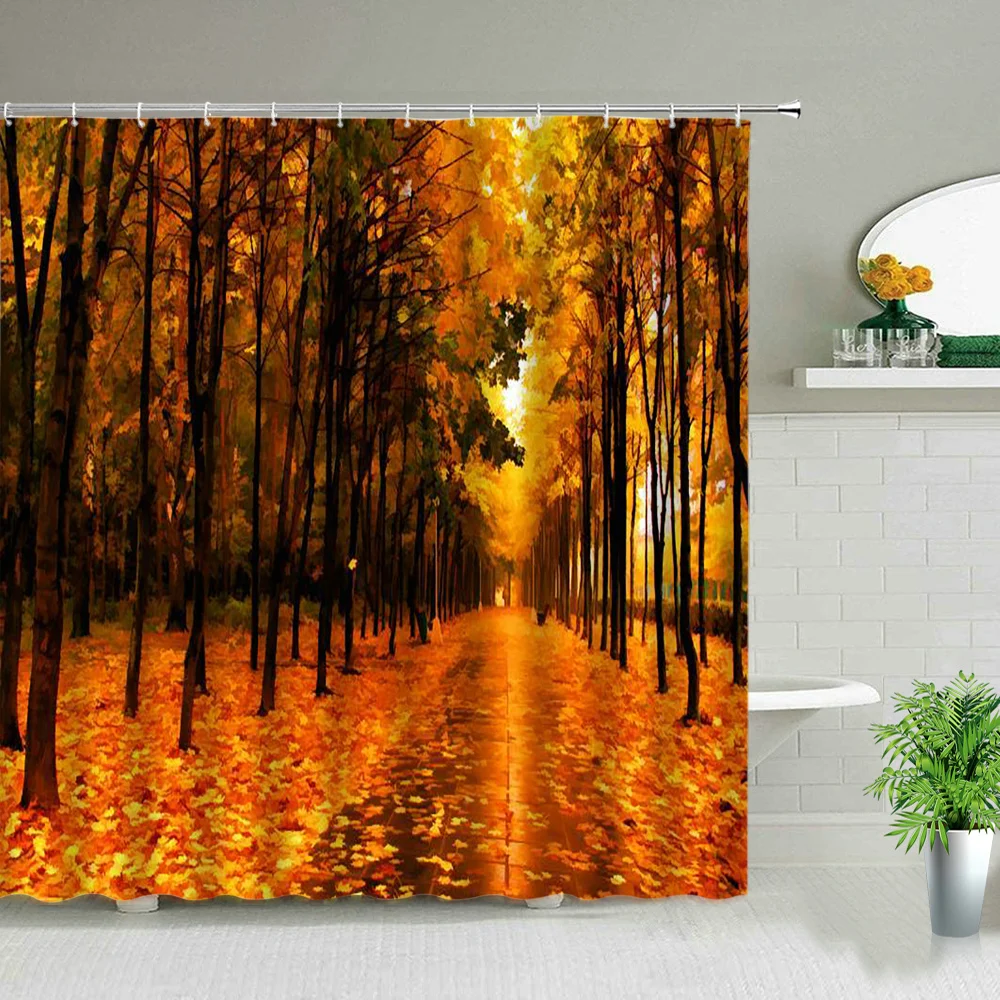 

Oil Painting Scenery Shower Curtain Park City Street Leaves Landscape Bathroom Decor Waterproof Polyester Cloth Curtains Set