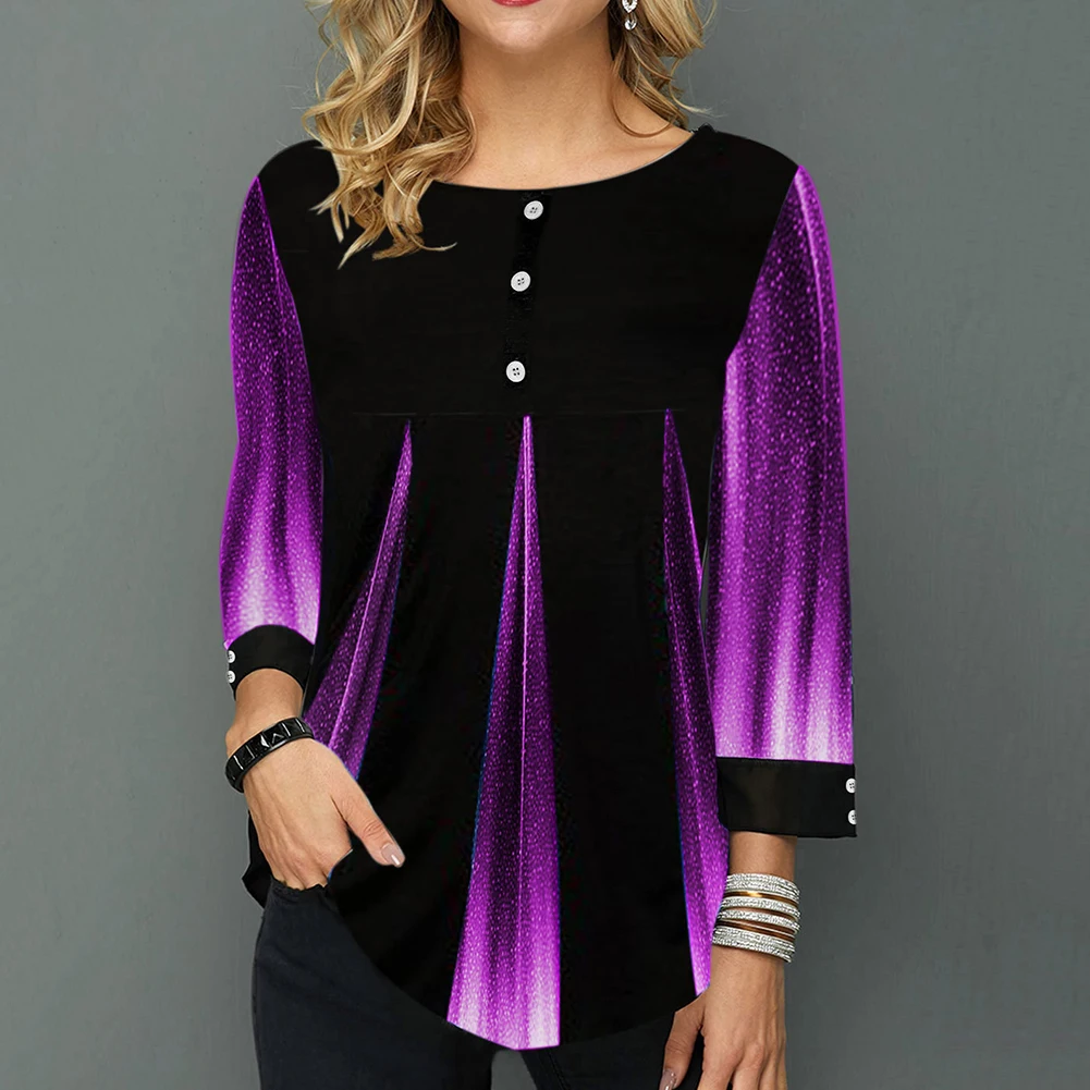 Модная женская футболка с круглым вырезом и рукавом 3/4 принтом пуговицами