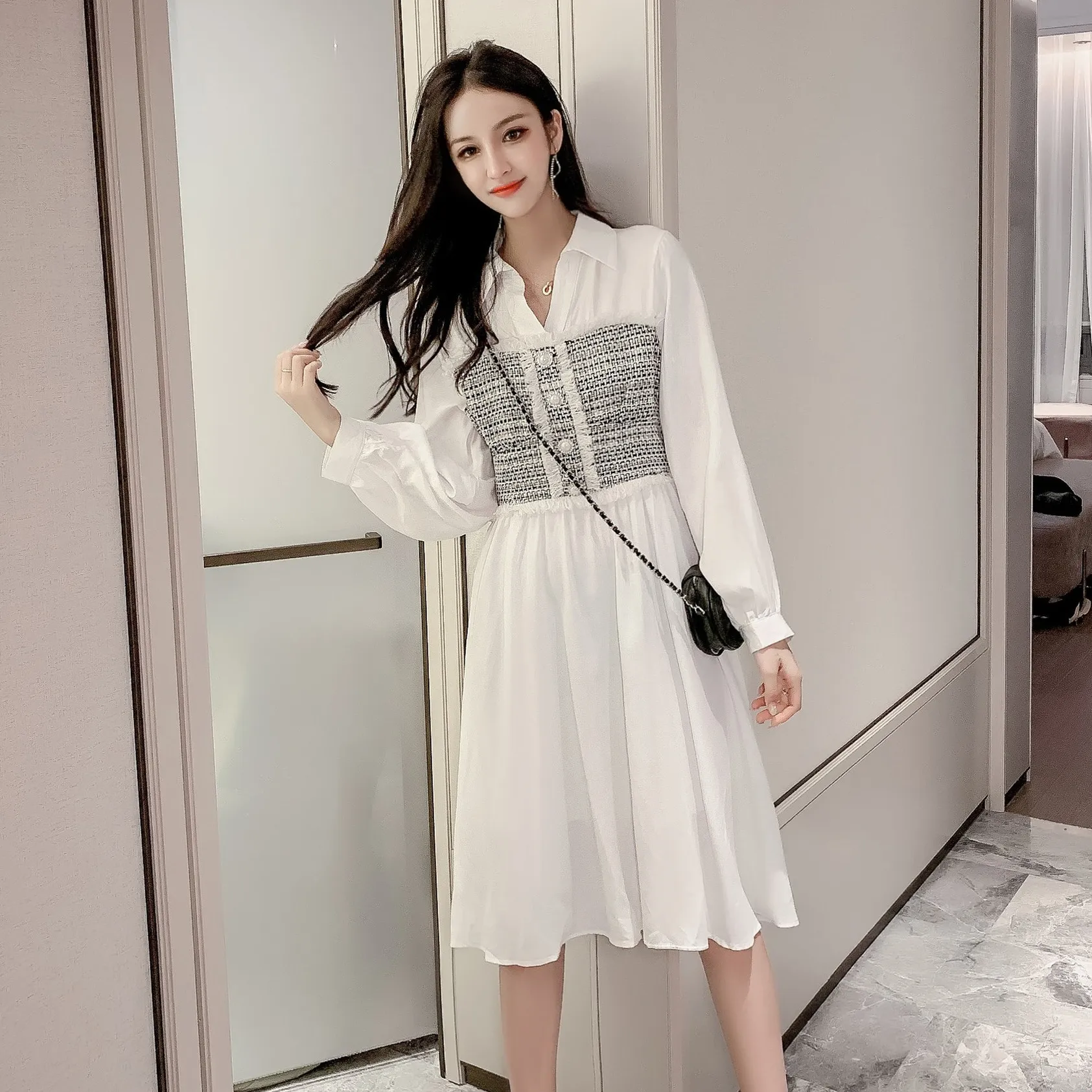 Осеннее Элегантное Белое Женское Платье рубашка FINEWORDS с лацканами корейское