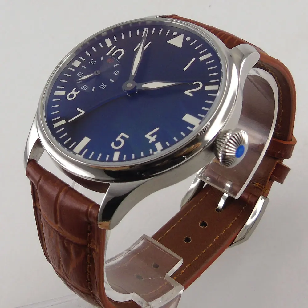 

44mm Blue Sterile Dial brown leather strap Luminous Hands 17 Jewels 6497 Movement Manual Mechanical Mens Watch