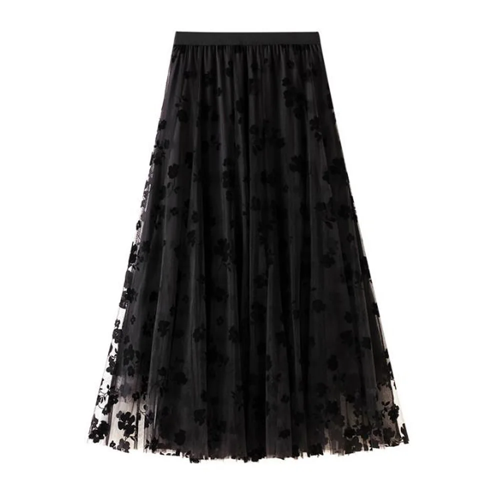 

Юбка женская плиссированная до щиколотки, модная длинная бархатная юбка-макси с цветочной аппликацией, трапециевидная юбка из тюля, Черная/...