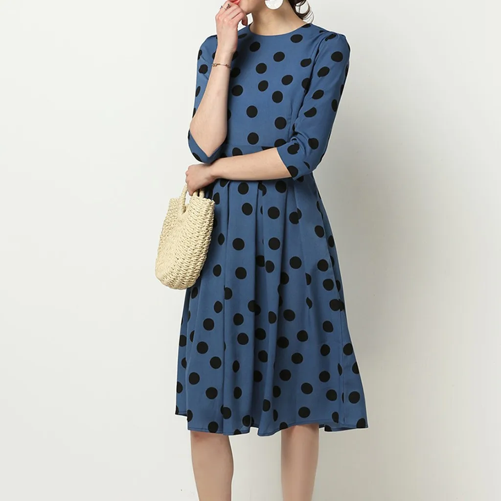 2019 летнее Новое модное Повседневное платье в горошек с круглым вырезом и