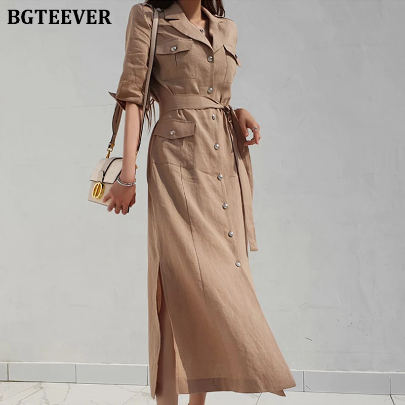 

BGTEEVER Ladies Notched Collar Belted Long Dress 2020 Summer Elegant Single-breasted Split Women Dress Office Ladies Vestidos