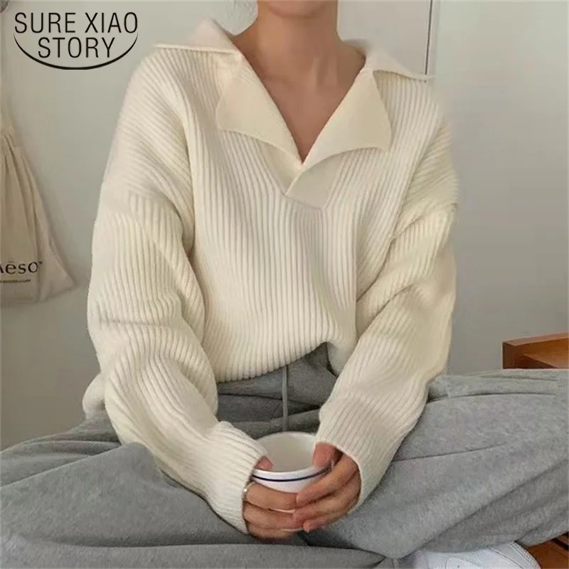 

Autumn New 2021 Full Sleeve Female Solid Pullover Sweaters White Casual Chic Loose Turn-down Collar Women Knitted Jumpers 17229